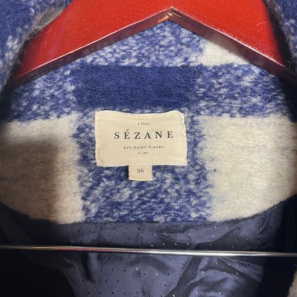 Sezane Joe Coat Blue White Check wool blend Coat Sz 36 US 4 - Picture 3 of 10